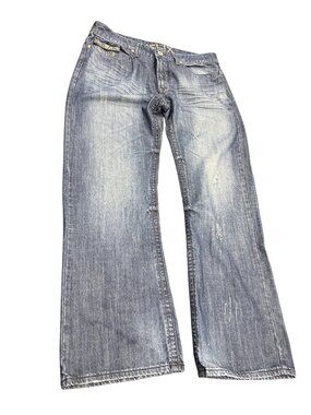 Helix mens blue denim embroided boot cut jeans sz 38x32 SKU 10-548